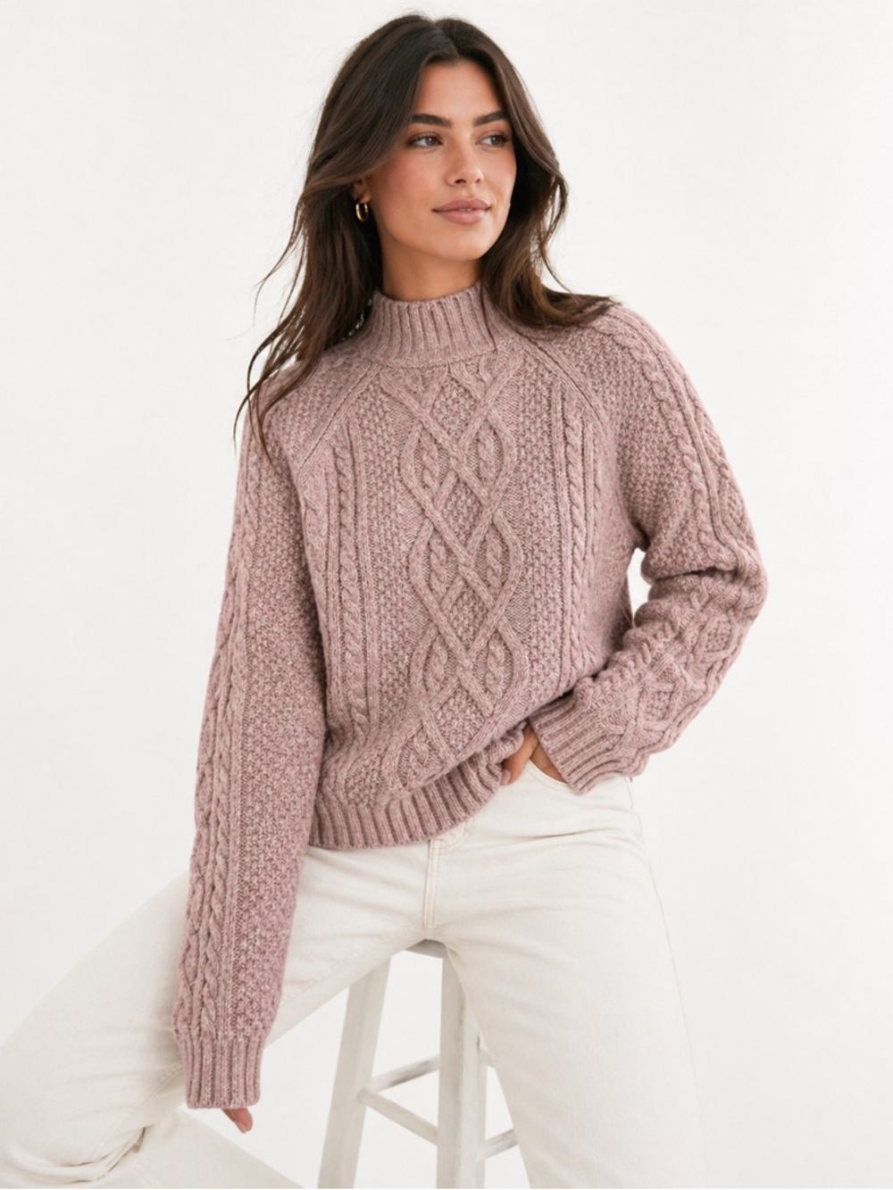 Abercrombie & Fitch Cable Knit Sweater Blush Pink Mock Neck Cozy Size Small